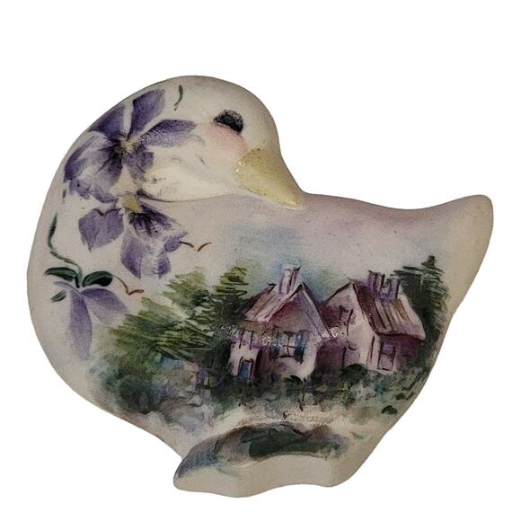 VTG 80s Porcelain Goose Ornament Hand Painted Houses Flowers Trees Hobby Piece - Picture 1 of 8